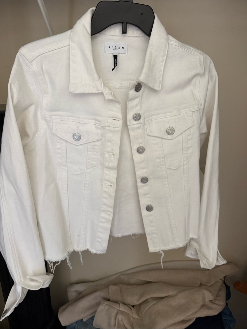 Risen White Cropped Denim Jacket with Raw Hem